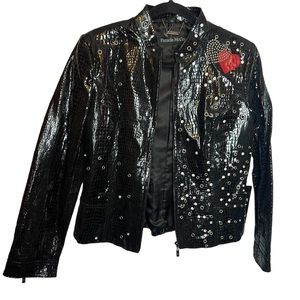 Pamela McCoy Black Reptile Print Rhinestone Leather Jacket, size Small NWT